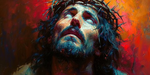 Vintage religious artwork: Christian face on church background, image of Jesus Christ, pain and spirituality of the crucifixion.