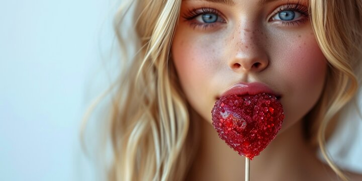 Attractive young woman holding a lollipop, combining beauty, style and enjoyment of the sweet treat.
