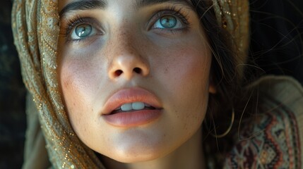 Biblical character. Emotional close up portrait of a woman with blue eyes in a veil looking up. 