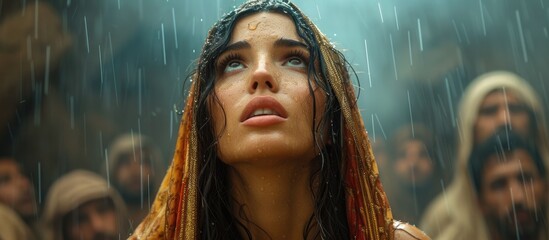 Biblical character. Emotional close up portrait of young woman looking up under the rain. - obrazy, fototapety, plakaty