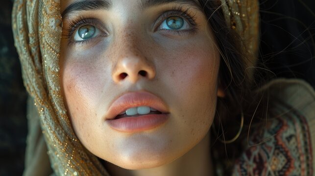 Biblical character. Emotional close up portrait of a woman with blue eyes in a veil looking up.