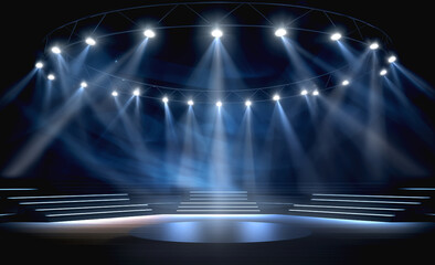  A Captivating Empty Stage with Heavy Spotlights Black Background and White Black Combination Stairs
