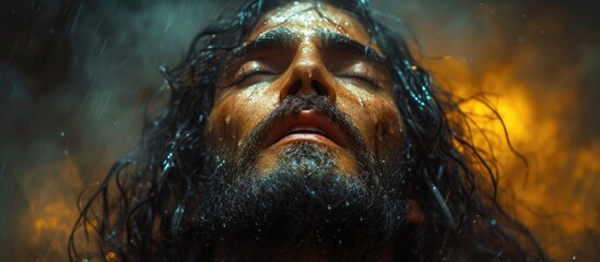 Biblical character. Emotional close-up portrait of a bearded man with eyes closed.