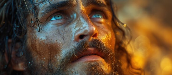 Biblical character. Emotional close-up portrait of a man with a beard and long hair looking up.