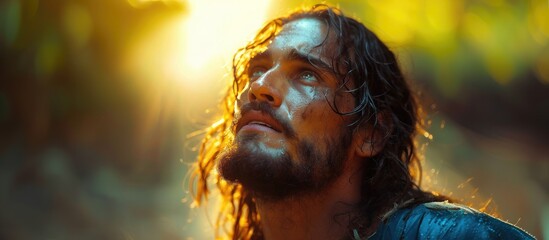 Biblical character. Close-up portrait of a man with a beard and long hair looking up.