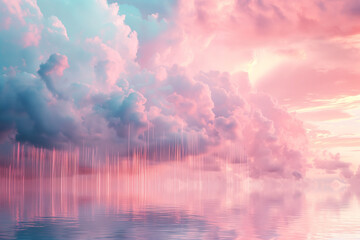 Surreal pink cloudscape with serene water reflections, an ethereal backdrop for meditation and wellness apps
