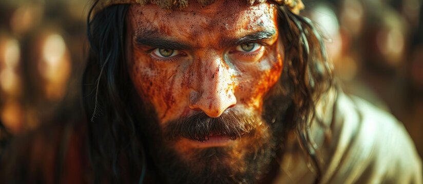 Biblical character. Close-up portrait of a serious man with a beard and shawl looking at camera. Blood on his face.