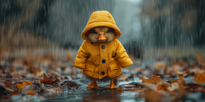 Traurige Ente mit Regenschirm und Regenkleidung im Regen als Cartoons