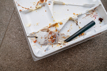 A top-down view of a broken spatula and an empty plastic cake tray with crumbs scattered around