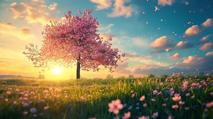 Pink cherry tree blossom flowers blooming in a green grass meadow on a spring Easter sunrise...