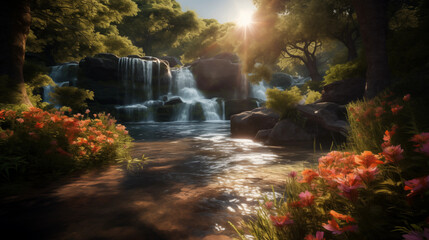 beautiful waterfall in the forest with the sun shining wallpaper