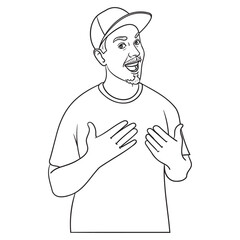 outline comic drawing of a young man with a cap who laughs.