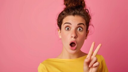 Portrait of impressed questioned person point finger self herself open mouth isolated on pink color background