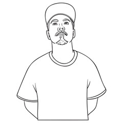 Teenager with cap looks up. Outline cartoon, vector monochrome.