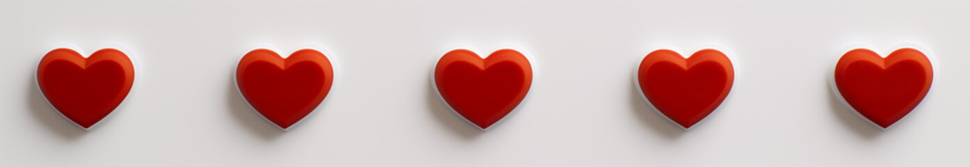 Red 3D hearts in a row on a clean background, suitable for romantic event invitations or love-themed website banners