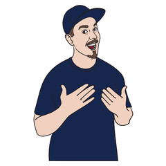 Young man wearing a blue shirt and cap laughing and showing his hands. vector drawing.