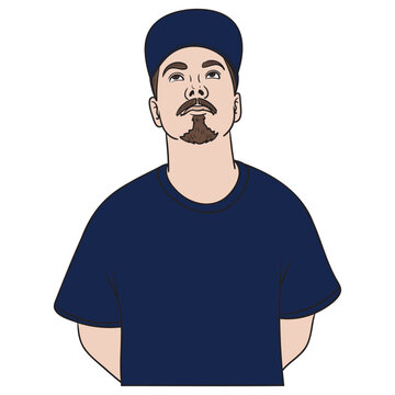 man with cap looks up. Blue T-shirt. Vector illustration