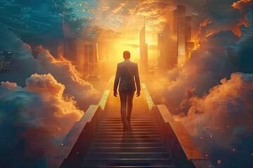 Concept of determined businessman on ascent to success symbolized by climbing staircase. Imagery of light cityscapes and stairs evoke sense of progress and ambition