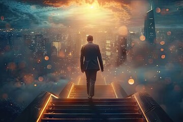 Concept of determined businessman on ascent to success symbolized by climbing staircase. Imagery of light cityscapes and stairs evoke sense of progress and ambition