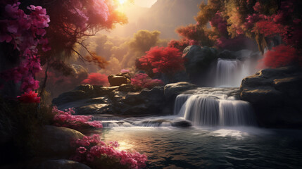 beautiful waterfall in the forest with the sun shining wallpaper