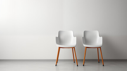 Two Modern armchairs,  design of home with gray wall in scandinavian style, flat lay, free space, indoor. Simple interior of living room, bedroom or cabinet. 