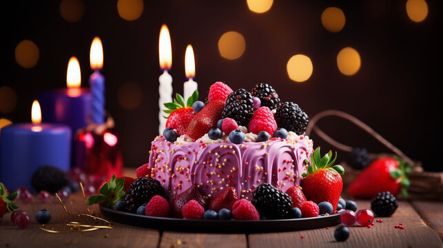 berries birthday cake with bokeh effect 