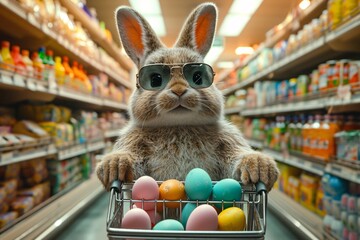 Bunny Boogie: Easter Eggs and Sunglasses Generative AI - obrazy, fototapety, plakaty