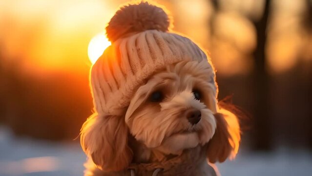Golden Hour Pup: A Cute Dog in a Warm Knit Hat