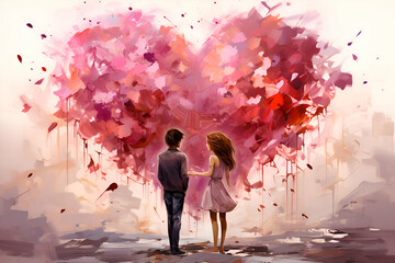 Young couple in love looking at each other on abstract background with hearts - Powered by Adobe