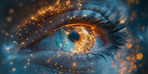 Auge mit Pupille sieht leuchtendes glitzer in blau und gold mit Bokeh als Spiegelung, ai generativ - obrazy, fototapety, plakaty