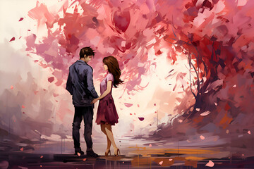 Romantic young couple in love walking in the autumn park. Illustration.