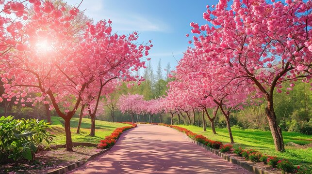 Sakura, Cherry blossoms flower, Garden walkway with beautiful pink sakura full blooming branch tree background with sunny day in spring season