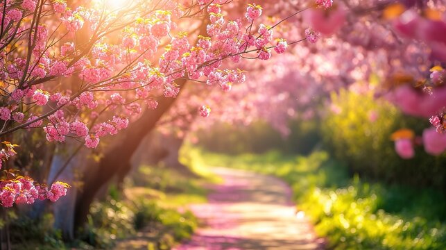 Sakura, Cherry blossoms flower, Garden walkway with beautiful pink sakura full blooming branch tree background with sunny day in spring season