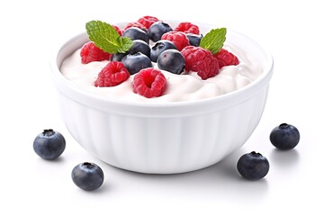 yogurt with berries and blueberries on white background. generative Ai