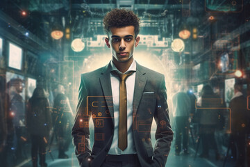 Young handsome businessman with curly hair standing in suit over modern futuristic background.
