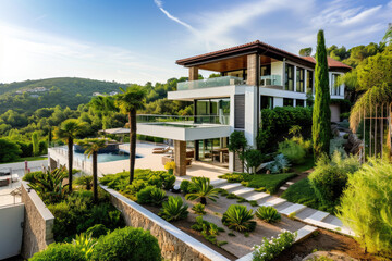 Fototapeta na wymiar high view of a modern house in beautiful mediterranian garden