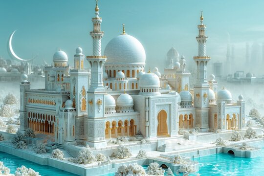 Arabian Nights - A Spectacular White Castle with Gold Minarets and Blue Dome Generative AI