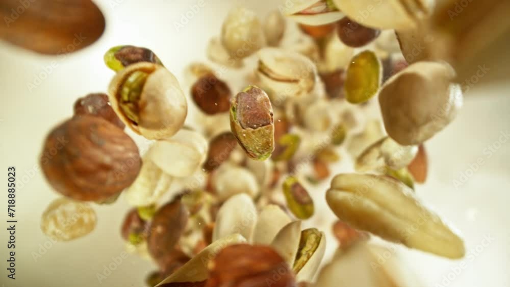 Poster super slow motion of flying nuts mix in rotating movement. filmed on high speed cinema camera , 1000