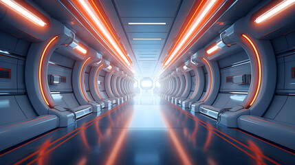 A 3d rendering of a tunnel with orange lights and the word star wars on the bottom 