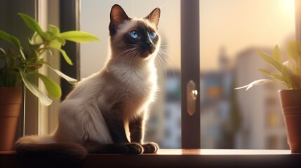 Graceful Siamese cat perched on a sunlit windowsill, its striking blue eyes capturing the essence...
