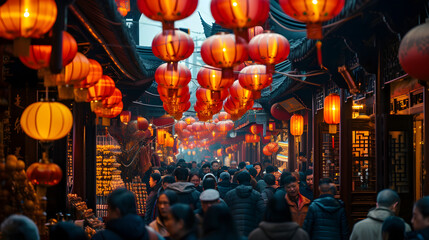 A bustling traditional Chinese market  - obrazy, fototapety, plakaty