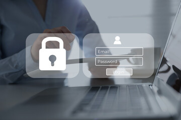 Privacy protection. Woman using tablet in office, closeup. Digital login interface over device