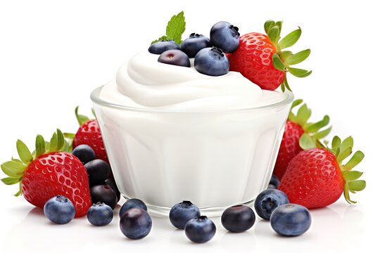 A bowl of yogurt topped with berries and strawberries in the photo on a white background. generative AI