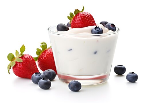 A bowl of yogurt topped with berries and strawberries in the photo on a white background. generative AI