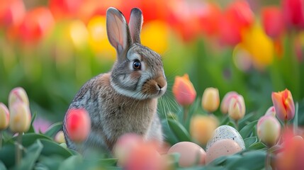 Fototapeta na wymiar cute little bunny easter with tulip garden background