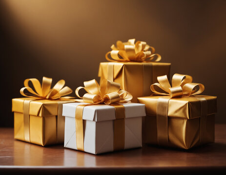wrapped presents with golden ribbons and bows