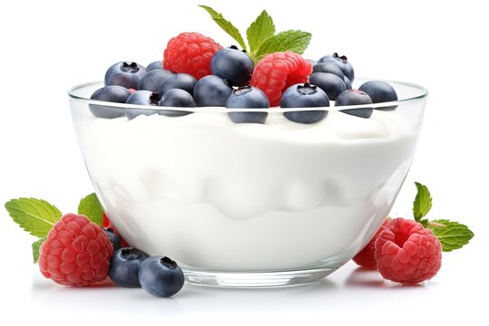 a bowl of yoghurt topped with fresh blueberries and strawberries next to it in the photo on a white background. generative AI