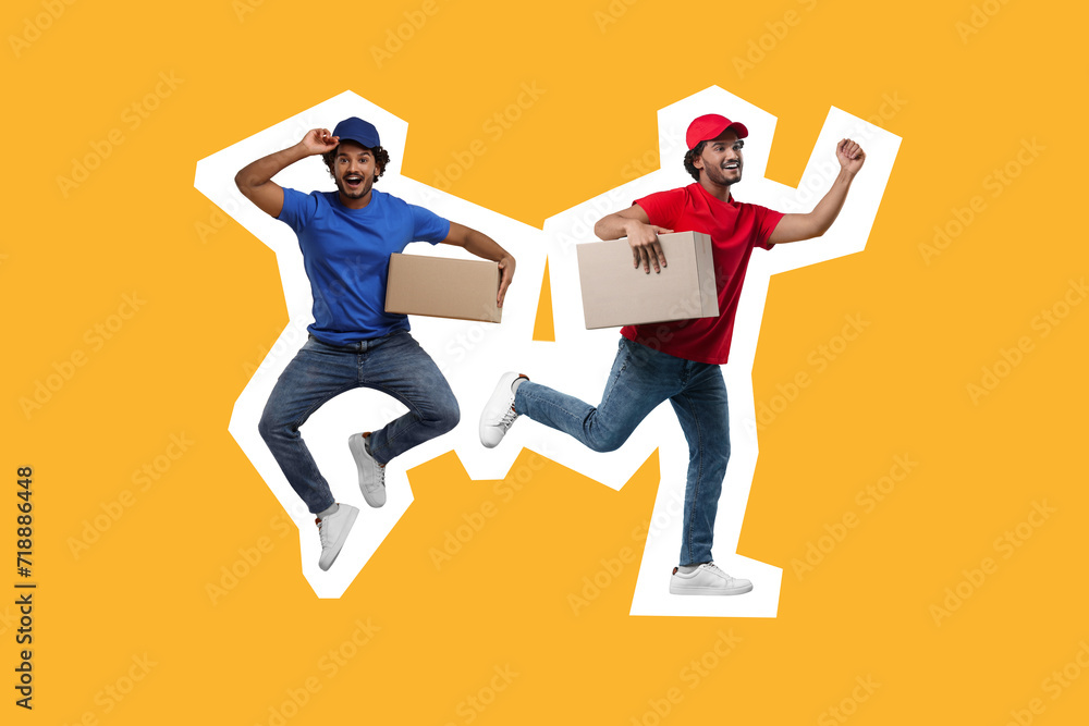 Poster Happy courier with parcels on orange background