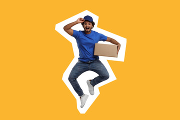 Fototapeta na wymiar Surprised courier with parcel jumping on orange background