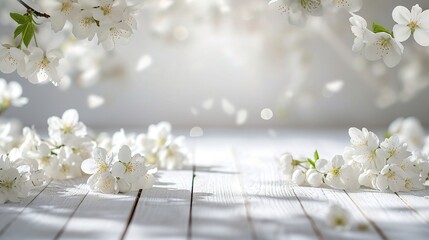 Spring background with white blossoms and white wooden table flooring